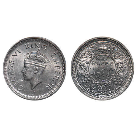 George VI, Half Silver, Half Rupee, 1944, Lahore Mint, B/II, 'L' raised, Head Type II, Sec