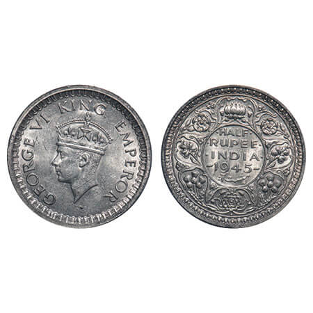 George VI, Half Silver, Half Rupee, 1945, Bombay Mint, B/II, Dot, Head Type II, Milled edg