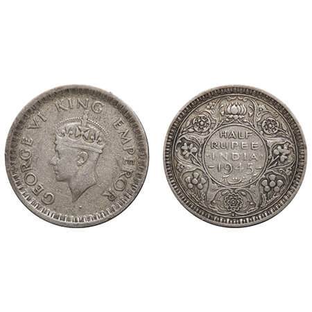 George VI, Half Silver, Half Rupee, 1945, Bombay Mint, B/II, Dot, Head Type II, Security e