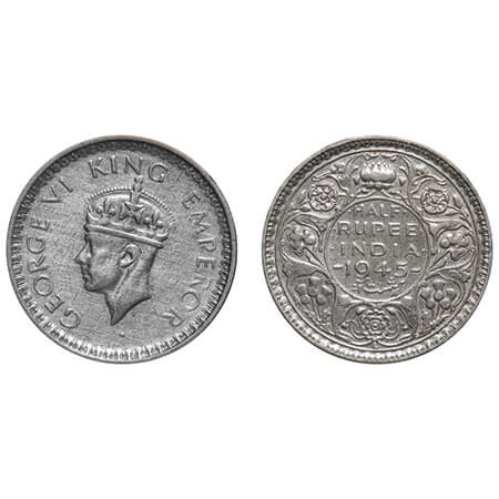 George VI, Half Silver, Half Rupee, 1945, Lahore Mint, B/II, 'L' raised, Head Type II, Sec