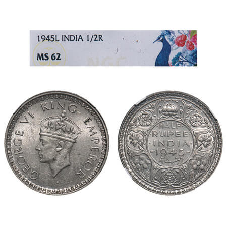 George VI, Half Silver, Half Rupee, 1945, Lahore Mint, B/II, 'L' raised, Head Type II, Sec