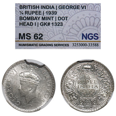 George VI, Silver, 1/4 Rupee, 1939, Bombay Mint, Dot, Head Type I, Rev I, Milled edge. F. 