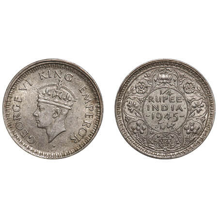 George VI, Silver, 1/4 Rupee, 1945, Bombay Mint, Dot, Head Type II, Rev II, Security edge,