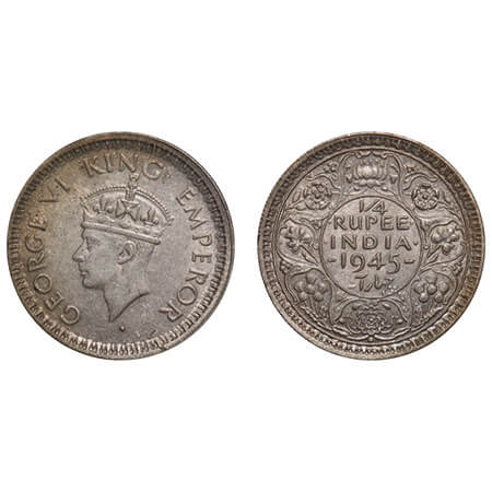 George VI, Silver, 1/4 Rupee, 1945, Bombay Mint, Dot, Head Type II, Rev II, Security edge,