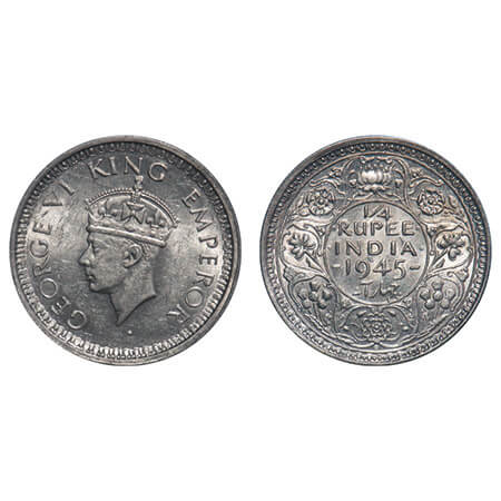 George VI, Silver, 1/4 Rupee, 1945, Bombay Mint, Dot, Head Type II, Rev II, Security edge,