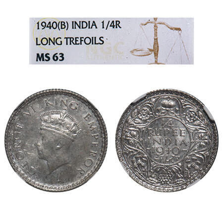 George VI, Half Silver, 1/4 Rupee, 1940, Bombay Mint, Head Type I, Rev I, Dot, Milled edge
