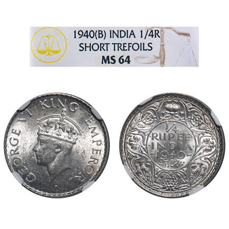 George VI, Half Silver, 1/4 Rupee, 1940, Bombay Mint, Dot, Head Type II, Rev I, Milled edg