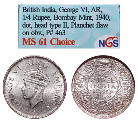 George VI, Half Silver, 1/4 Rupee, 1940, Bombay Mint, Dot, Head Type II, Rev I, Milled edg