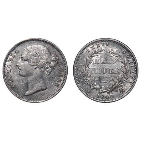 Victoria Queen, Silver, Half Rupee, 1840, DL, Calcutta Mint, .W.W incused, Wreath with 24 