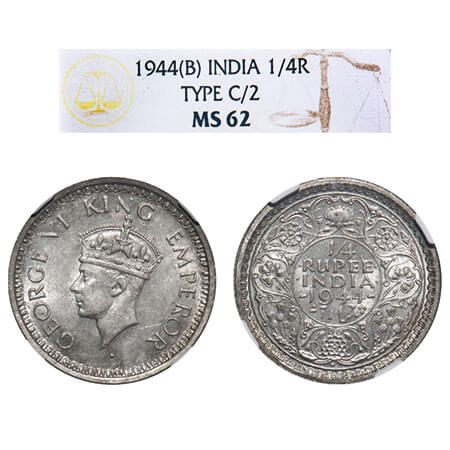 George VI, Half Silver, 1/4 Rupee, 1944, Bombay Mint, Diamond, Head Type II, Rev III, Secu