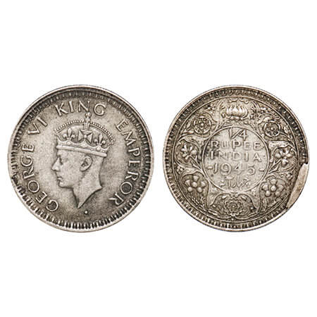 George VI, Half Silver, 1/4 Rupee, 1945, Bombay Mint, Dot, Head Type II, Rev II, Security 