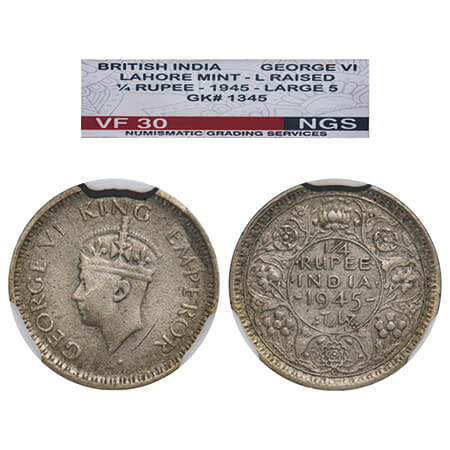 George VI, Half Silver, 1/4 Rupee, 1945, Lahore Mint, 'L' raised, Head Type II, Rev II, Se