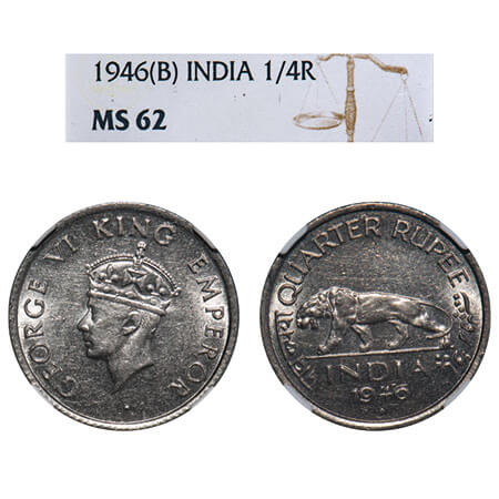 George VI, Half Silver, 1/4 Rupee, 1946, Bombay Mint, Head Type II, Rev IV, Diamond, Mille