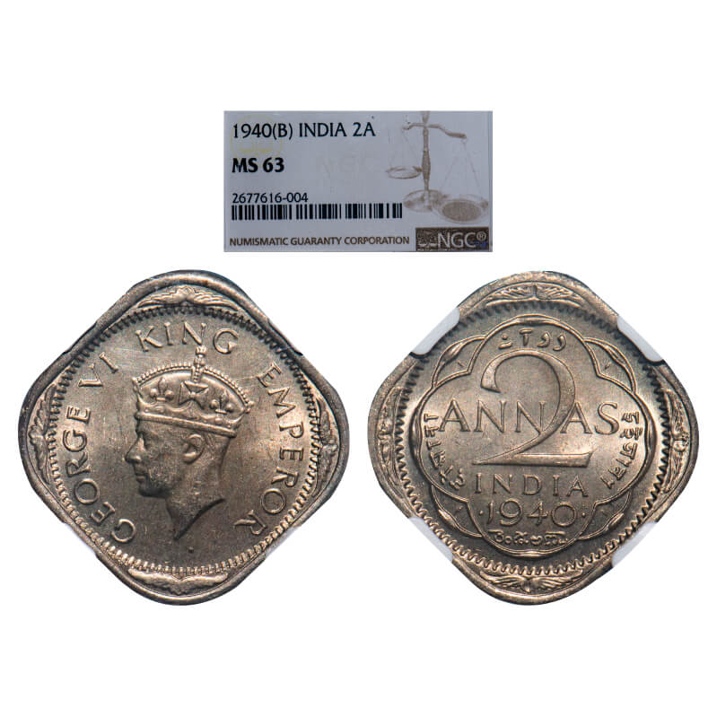 George VI, Copper-Nickel, 2 Annas, 1940, Bombay Mint, Dots by year, Head Type II. F. Prid 