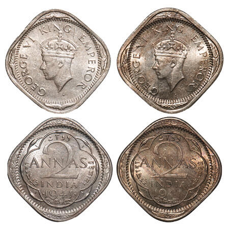 George VI, Copper-Nickel, 2 Annas, (2 coins), 1941, 1) Bombay Mint, Head Type II, Dots by 