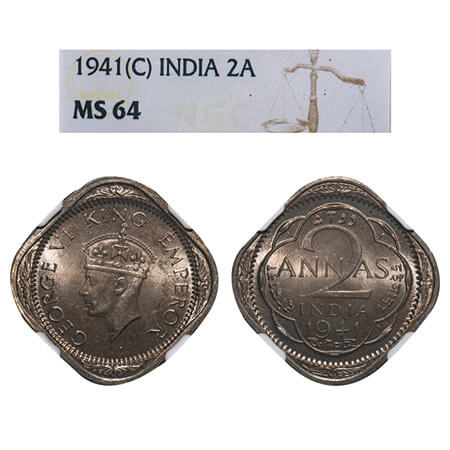George VI, Copper-Nickel, 2 Annas, 1941, Calcutta Mint, No dots by year, Head Type II. F. 