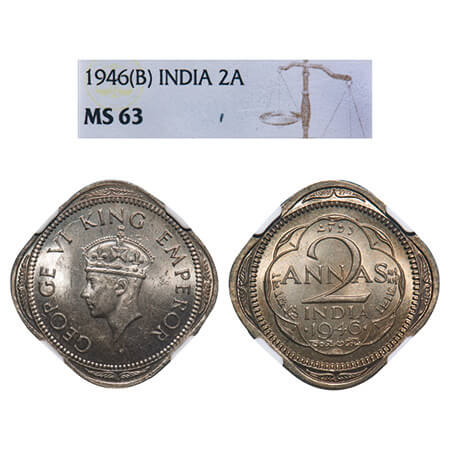 George VI, Copper-Nickel, 2 Annas, 1946, Bombay Mint, Dots by year, Head Type II. F. Prid 