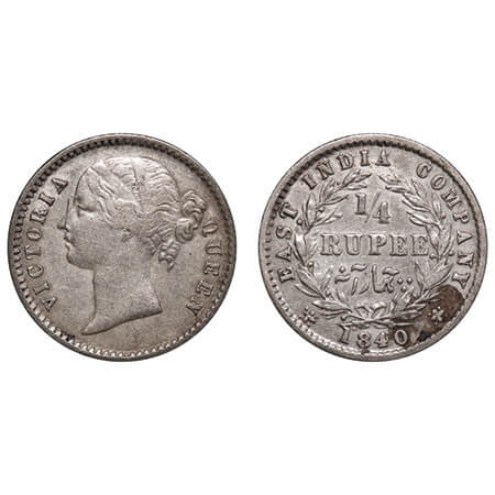 Victoria Queen, Silver, 1/4 Rupee, 1840, DL, Calcutta Mint, W.W. raised, Wreath with 10 Be