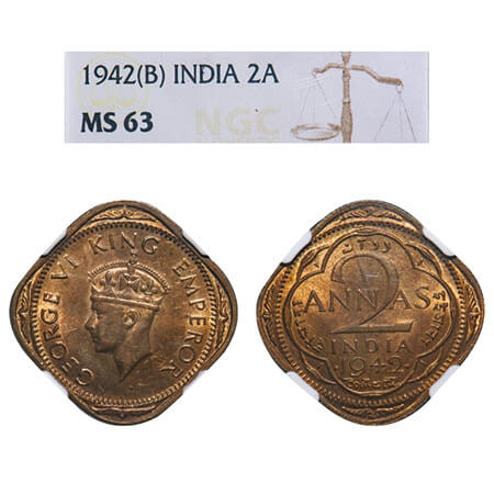 George VI, Nickel-Brass, 2 Annas, 1942, Bombay Mint, Dots by year, Head Type II, Large num