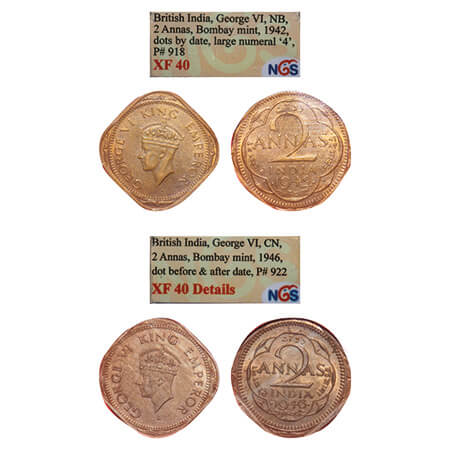 George VI, Mix-Metal, 2 Annas, (2 slabs), 1) 1942, Nickel-Brass, Bombay Mint, Dots by year