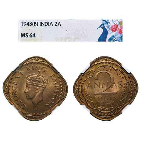George VI, Nickel-Brass, 2 Annas, 1943, Bombay Mint, Dots by year, Head Type II, Normal & 