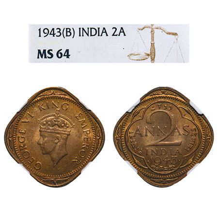 George VI, Nickel-Brass, 2 Annas, 1943, Bombay Mint, Dots by year, Head Type II, Normal & 