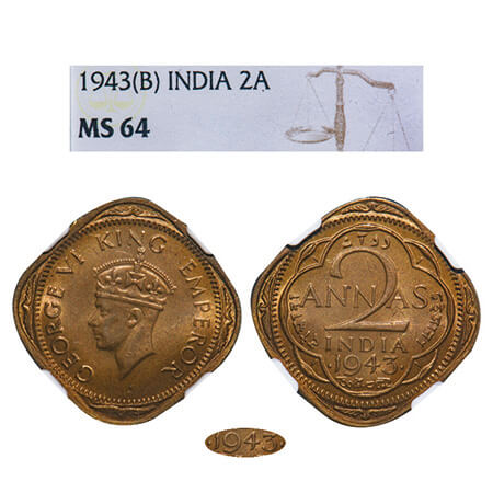 George VI, Nickel-Brass, 2 Annas, 1943, Bombay Mint, Dots by year, Head Type II, Large & T