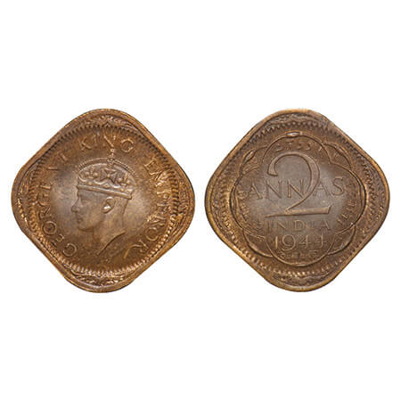 George VI, Nickel-Brass, 2 Annas, 1944, Lahore Mint, No dots by year, Head Type II, 'L' ra