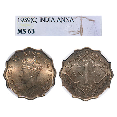 George VI, Copper-Nickel, 1 Anna, 1939, Calcutta Mint, No dot, Head Type I. F. Prid 960. G