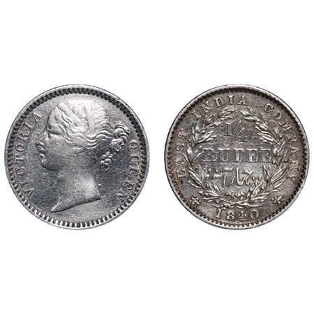 Victoria Queen, Silver, 1/4 Rupee, 1840, DL, Madras Mint, W.W. 'S' raised, Wreath with 10 