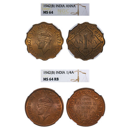 George VI, Mix-Metal, 1942, (2 slabs), 1) Nickel-Brass, 1 Anna, Bombay Mint, Dot, Head Typ