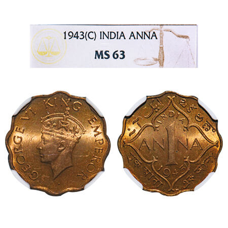 George VI, Nickel-Brass, 1 Anna, 1943, Calcutta Mint, No dot, Head Type II. F. Prid 965. G