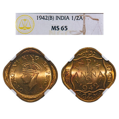 George VI, Nickel-Brass, 1/2 Anna, 1942, Bombay Mint, No dots by India, Dashes by year. F.