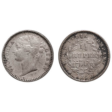 Victoria Queen, Silver, 1/4 Rupee, 1840, DL, Madras Mint, W.W. 'S' raised, Wreath with 10 