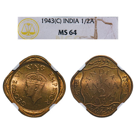George VI, Nickel-Brass, 1/2 Anna, 1943, Calcutta Mint, Dots by India, Dashes by year, Sin