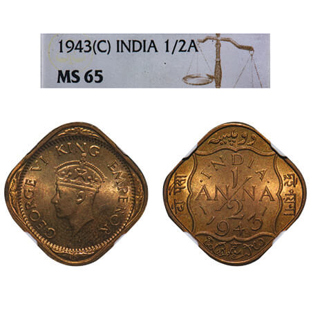 George VI, Nickel-Brass, 1/2 Anna, 1943, Calcutta Mint, Dots by India, Dashes by year, Sin