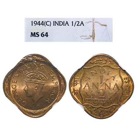 George VI, Nickel-Brass, 1/2 Anna, 1944, Calcutta Mint, Dots by India, Dashes by year. F. 