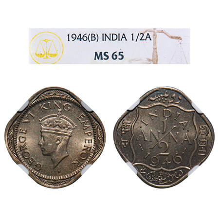 George VI, Copper-Nickel, 1/2 Anna, 1946, Bombay Mint, Dots by India, Dash-Dot-Dash. F. Pr