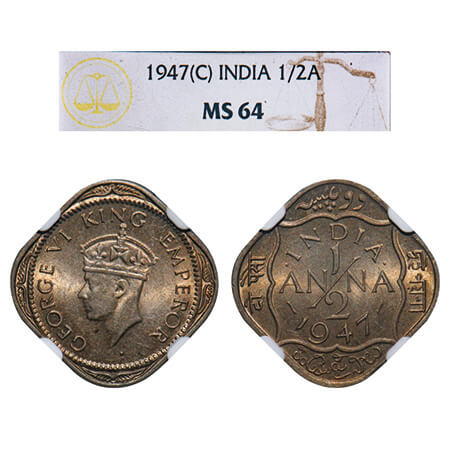 George VI, Copper-Nickel, 1/2 Anna, 1947, Calcutta Mint, Dots by India, Dashes by year. F.