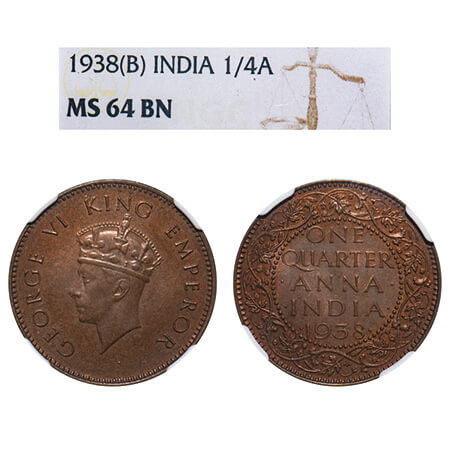 George VI, Bronze, Quarter Anna, 1938, Bombay Mint, Dot, Head Type I, Dots by ONE, Small y