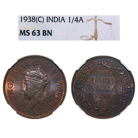 George VI, Bronze, Quarter Anna, 1938, Calcutta Mint, No dot, Head Type I. F. Prid 684. GK