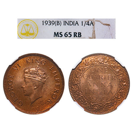 George VI, Bronze, Quarter Anna, 1939, Bombay Mint, Dot, Head Type I. F. Prid 690. GK 1422