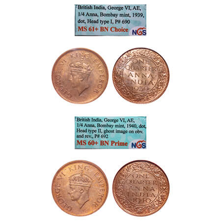 George VI, Bronze, Quarter Anna, (2 slabs), Bombay Mint, Dot, 1) 1939, Head Type I, 2) 194