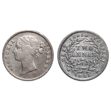 Victoria Queen, Silver, 2 Annas, 1841, DL, Calcutta Mint, W.W. raised, Wreath with 9 Berri
