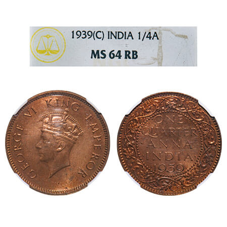 George VI, Bronze, Quarter Anna, 1939, Calcutta Mint, No dot, Head Type I. F. Prid. GK 142