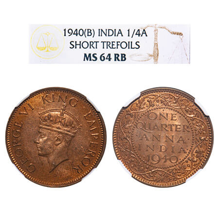 George VI, Bronze, Quarter Anna, 1940, Bombay Mint, Dot, Head Type II. F. Prid 692. GK 142