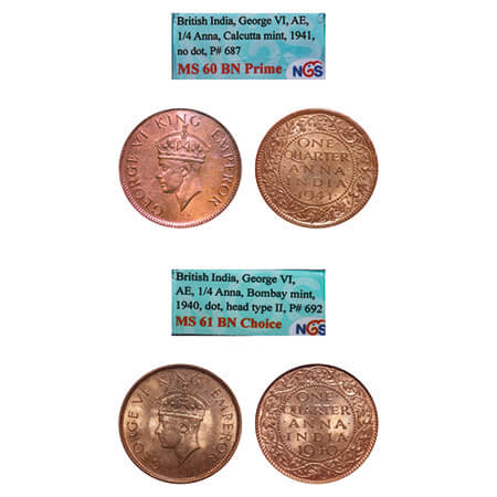 George VI, Bronze, Quarter Anna, (2 slabs), 1) 1940, Bombay Mint, Dot, Head Type II, 2) 19