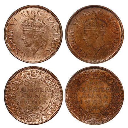 George VI, Bronze, Quarter Anna, 1940, (2 coins), 1) Bombay Mint, Head Type II, Dot, 2) Ca