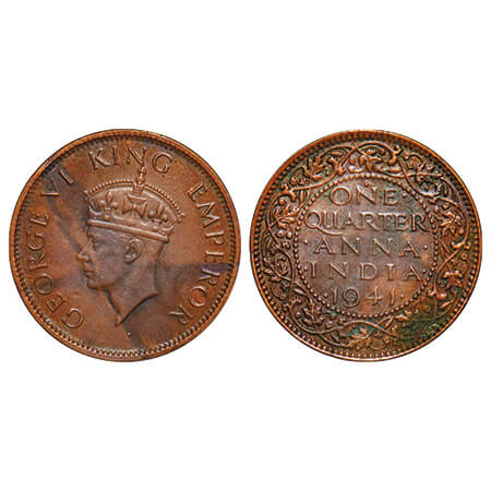 George VI, Bronze, Quarter Anna, 1941, Bombay Mint, Dot, Head Type II. F. Prid 693. GK 142