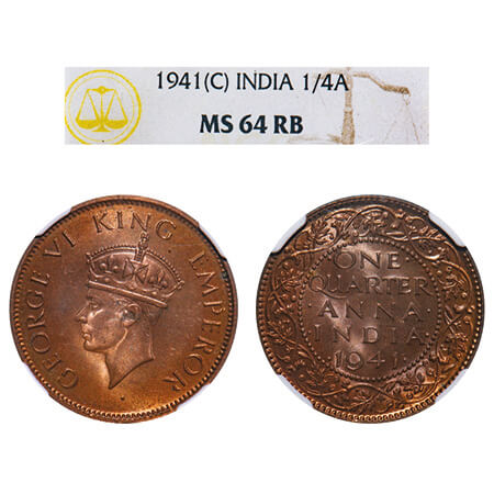 George VI, Bronze, Quarter Anna, 1941, Calcutta Mint, No dot, Head Type II. F. Prid 687. G